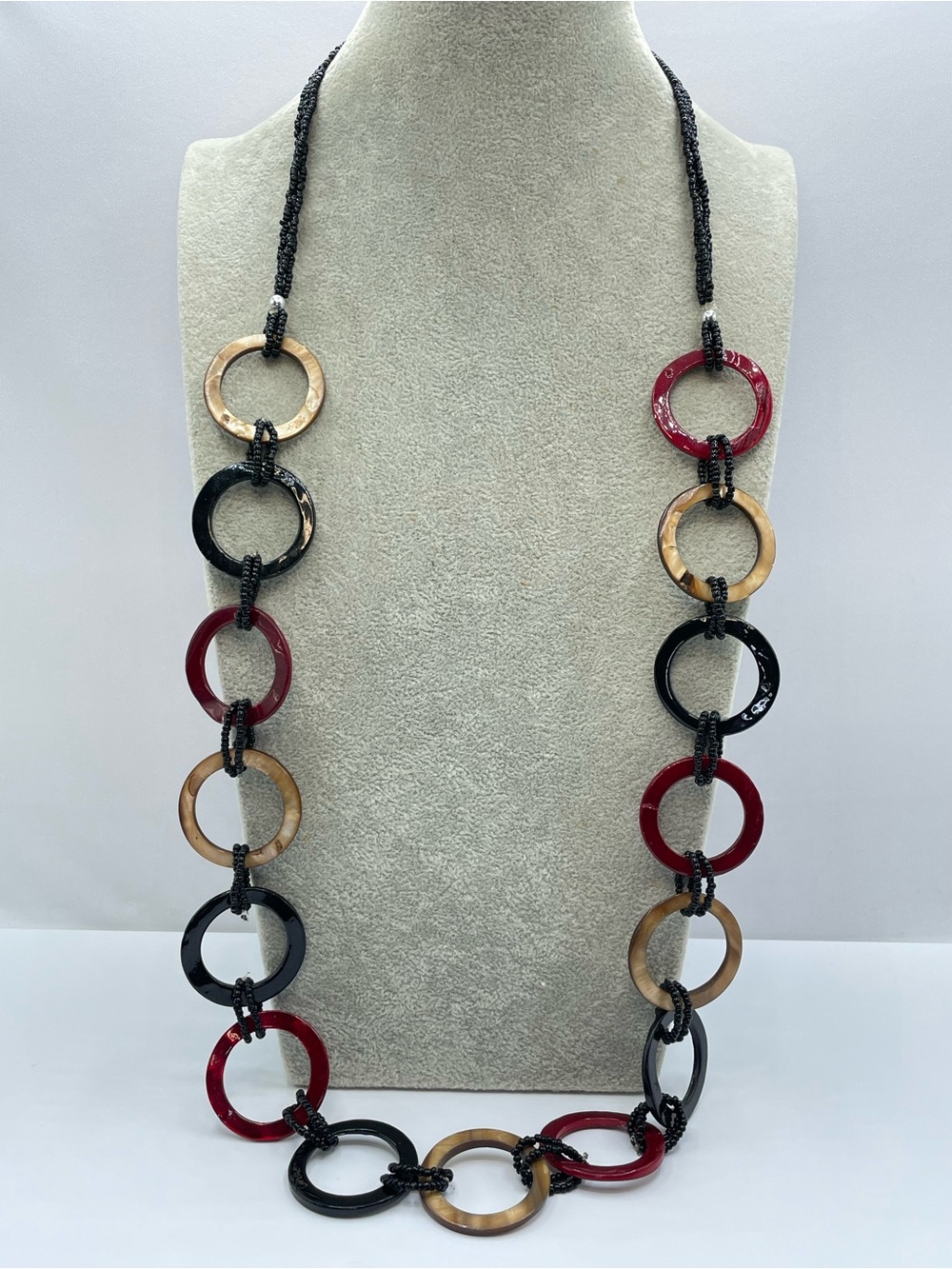Dyed Mother of Pearl Black Beaded Long Continuous Statement Necklace Boho